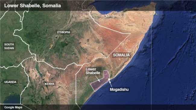 Map showing the Lower Shabelle region in Somalia.