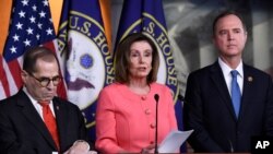 House Speaker Nancy Pelosi of Calif., center, flanked by House Judiciary Committee Chairman Rep. Jerrold Nadler, D-N.Y., left, and House Intelligence Committee Chairman Rep. Adam Schiff, D-Calif., speaks during a news conference, Jan. 15, 2020.