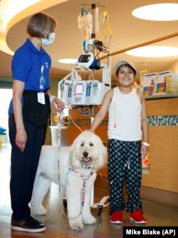 Kristen Guest and her dog Ollie meet 9-year-old Angel Garcia at Rady Children's Hospital (AP Photo: Mike Blake)