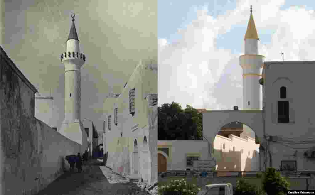 Legacy of Ottoman Empire: Darghut Mosque, Tripoli, Libya, built in the 16th Century (L) ca. 1860-1900. Library of Congress (R) 18 July 2012. Creative Commons/Abdul-Jawad Elhusuni.