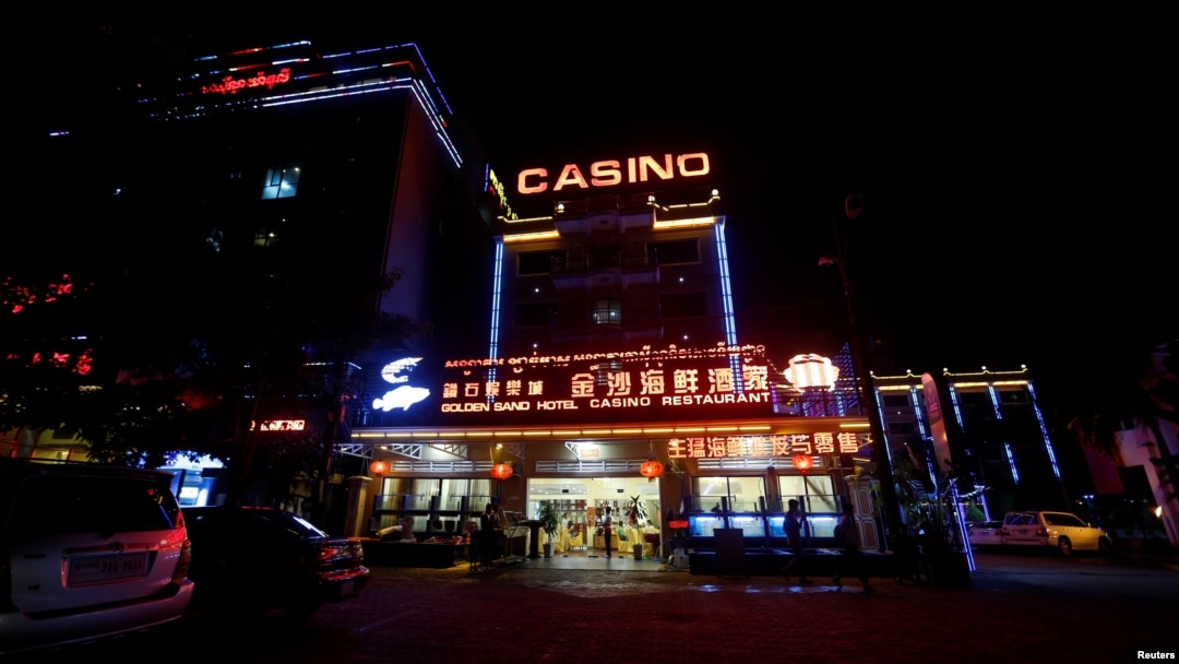 FILE - A restaurant, hotel and casino are seen in Sihanoukville, Cambodia, Sept. 27, 2017.