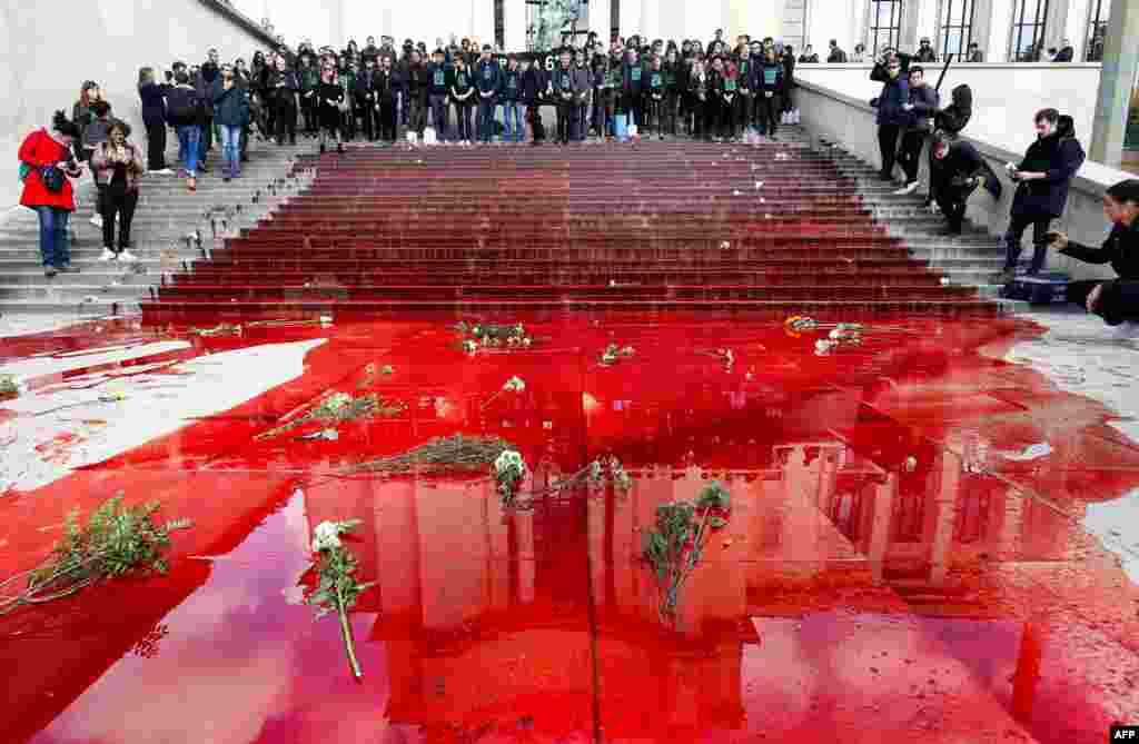프랑스 파리에서 환경단체인 &#39;멸종 저항(Extinction Rebellion)&#39; 회원들이 생물 다양성의 감소 상태를 경고하기 위해 트로카데로 둔치의 계단에 가짜 피를 뿌린 후 시위하고 있다.