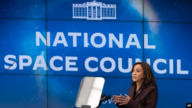 Vice President Kamala Harris speaks, Dec. 1, 2021, during a meeting of the Space Council, at the U.S. Institute of Peace in Washington.