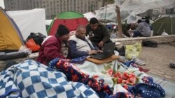 Anti-government protesters use the internet on a laptop in Tahrir Square in Cairo on February 7