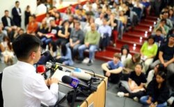 FILE - Hong Kong's pro-democracy activist Joshua Wong speaks to students at the Humboldt University in Berlin, Germany, Sept. 11, 2019.