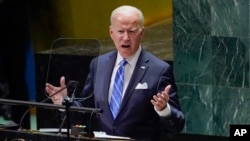 조 바이든 미국 대통령이 21일 뉴욕 유엔본부에서 진행된 제76차 유엔총회에서 연설하고 있다.