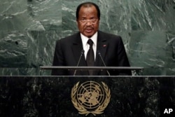 FILE - Cameroon's President Paul Biya addresses the 71st session of the United Nations General Assembly, in New York, Sept. 22, 2016.