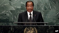 Cameroon's President Paul Biya addresses the 71st session of the United Nations General Assembly, in New York, Sept. 22, 2016.