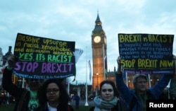 Demonstrators hold placards during a protest in favour of amendments to the Brexit Bill outside the Houses of Parliament, in London, Britain, March 13, 2017.