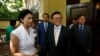 Leader of the Cambodia National Rescue Party (CNRP) Kem Sokha shakes hands with French Ambassador to Cambodia Eva Nguyen Binhin at his home in Phnom Penh, Cambodia, Nov. 11, 2019.