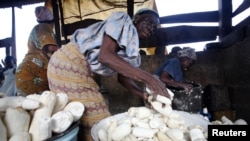 Women work in a cassava grinding mill in Nigeria.