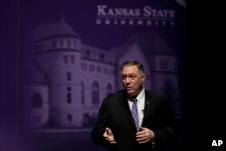 Secretary of State Mike Pompeo answers a question from an audience member after giving a speech at the London Lecture series at Kansas State University, Sept. 6, 2019, in Manhattan, Kan.