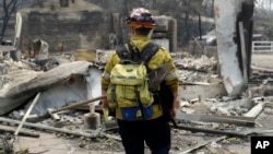 Vatrogasac pregleda oblast oštećenu u požaru, u nedjelju, 29 jula 2018. u Keswicku, Kalifornija.
