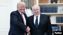 President Donald Trump shakes hands with Russia’s ambassador to the U.S., Sergei Kislyak in this photo tweeted by the Russian embassy.