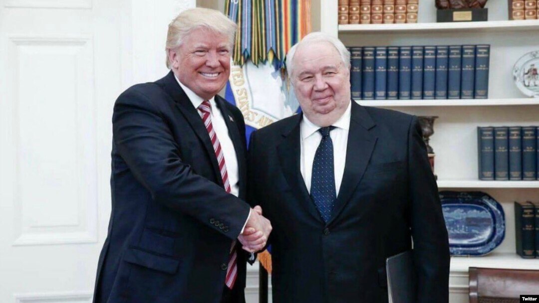 President Donald Trump shakes hands with Russia’s ambassador to the U.S., Sergei Kislyak in this photo tweeted by the Russian embassy.