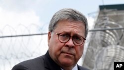 U.S. Attorney General William Barr speaks to reporters after touring the Edgefield Federal Correctional Institution, July 8, 2019, in Edgefield, S.C. 