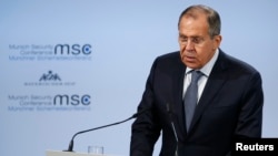 Russian Foreign Minister Sergey Lavrov talks at the Munich Security Conference in Munich, Germany, Feb. 17, 2018.