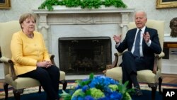 Kanselir Jerman Angela Merkel bertemu Presiden AS Joe Biden di Gedung Putih, Kamis (15/7). 