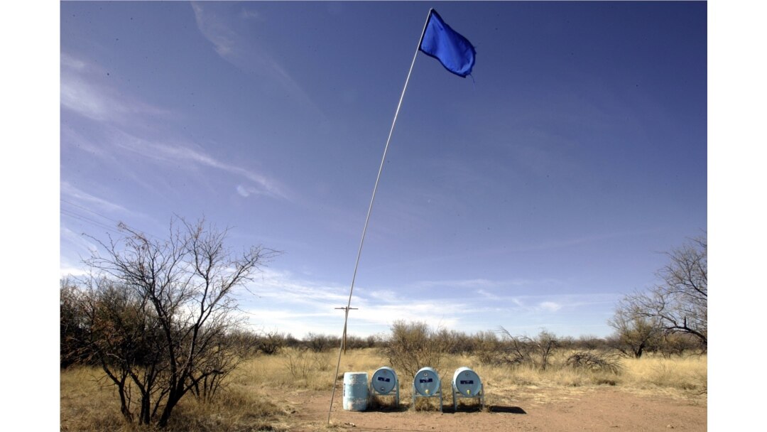 Water tanks from the NGO Humane Borders are placed in the desert as supply for immigrants crossing the area near Arivaca, Arizona, March 23, 2006.