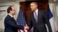 President Barack Obama, right, and French President Francois Hollande, left, shake hands after talking with the media following their tour of Monticello, President Thomas Jefferson’s estate, Feb. 10, 2014, in Charlottesville, Virginia. 