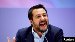 FILE - Matteo Salvini, Italy's Deputy Prime Minister and leader of the far-right League Party, speaks as he launches campaigning for the European elections, in Milan, Italy April 8, 2019.