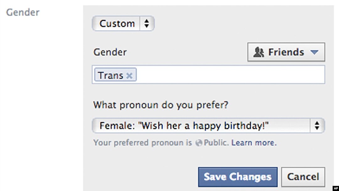 Screen shot yang dirilis Facebook menunjukkan pilihan baru untuk gender, yang memberikan 50 pilihan berbeda bagi pengguna untuk mengidentifikasi gender mereka, 13 Februari 2014.