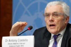 FILE - Dr. Anthony Costello attends a news conference in Geneva, Switzerland, Feb. 2, 2016.