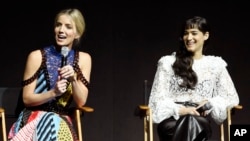 Annabelle Wallis (left) and Sofia Boutella, cast members in the upcoming film "The Mummy," discuss the film during the Universal Pictures presentation at CinemaCon 2017 at Caesars Palace, March 29, 2017, in Las Vegas.