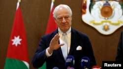 U.N. Syria envoy Staffan de Mistura speaks to the media after his meeting with Jordanian Foreign Minister Ayman Safadi in Amman, Jordan, Dec. 10, 2018. 