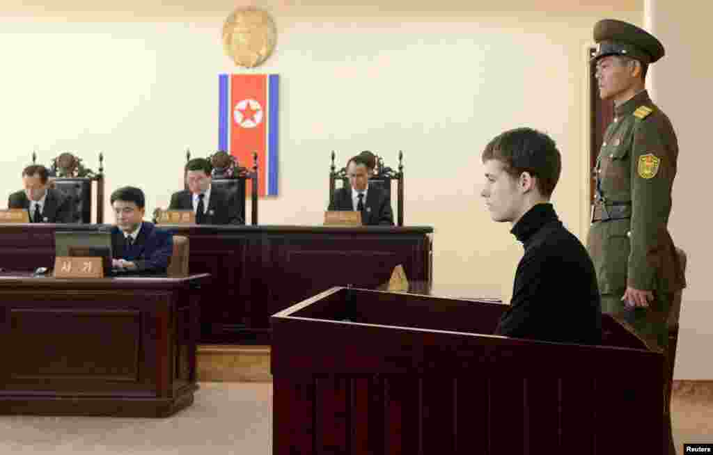 U.S. citizen Matthew Todd Miller sits in a witness box during his trial. He was sentenced to six years of hard labor for committing&nbsp;&quot;hostile acts&quot; as a tourist in the country, according to state media, North Korean Supreme Court in Pyongyang, Sept. 14, 2014. 