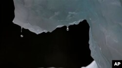 In this July 26, 2011 photo, drops of water fall from a melting iceberg near Nuuk, Greenland. Greenland is the focus of many researchers trying to determine how much its melting ice may raise sea levels. (AP Photo/Brennan Linsley)