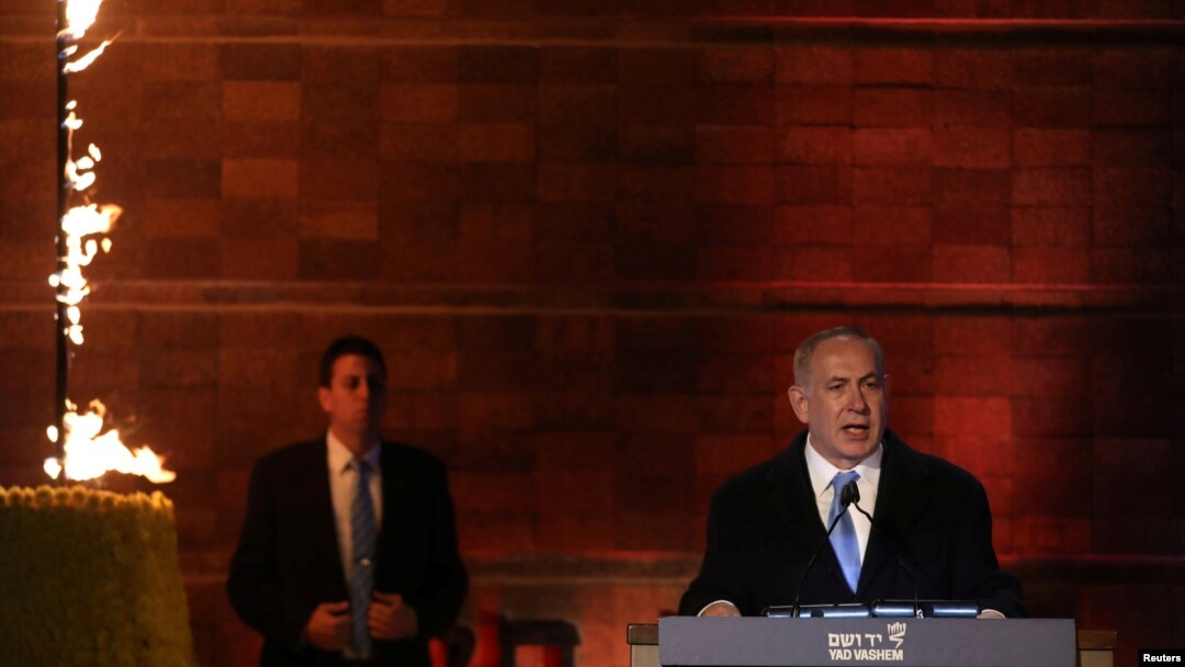 Perdana Menteri Israel Benjamin Naetanyahu berpidato saat acara peringatan Holocaust di Jerussalem, Israel April 23, 2017.