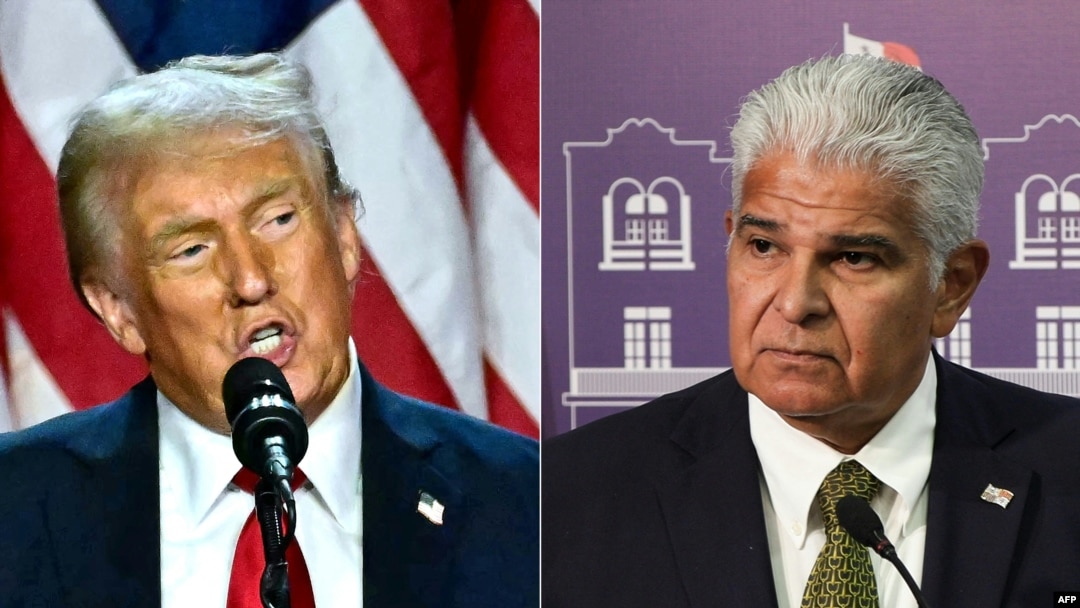 Kombinacija fotografija napravljenih 22. decembra 2024. prikazuje tadašnjeg republikanskog predsjedničkog kandidata Donalda Trumpa (lijevo) u West Palm Beachu, Florida i predsjednika Paname Joe Raula Mulina od 19. decembra 2024.