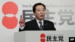 21일 일본 민주당 대표 선거에서 재선에 성공한 후 기자회견 중인 노다 요시히로 일본 총리.
