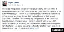 A screenshot from Bryan Adams' Facebook page, April 10, 2016.