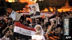 Egyptian supporters of the deposed president Mohamed Morsi hold his portrait and wave the national flags during a demonstration against the government in Cairo, July 31, 2013. 