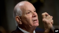 FILE - Sen. Ben Cardin, D-Md., is seen during a Senate Foreign Relations Committee hearing on Capitol Hill to review the Iran nuclear agreement, July 23, 2015.