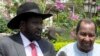 FILE - South Sudan President Salva Kiir, left, along with former president of Mali, Alpha Oumar Konaré, the AU High Representative for South Sudan, answer questions at the presidential palace in Juba, South Sudan, July 14, 2016. 