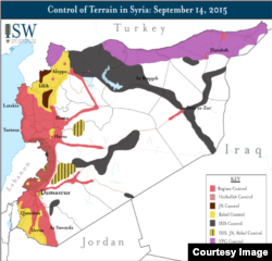 The Assad regime controls only those areas of Syria marked in red, as of Sept. 14, 2015, in this map from the Institute for the Study of War.