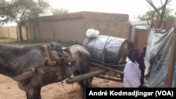 Les colporteurs servant de l'eau des puits creusés sur le lit de Ouaddi dans les ménages, au Tchad, le 18 juillet 2017. (VOA/André Kodmadjingar)
