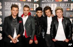 One Direction seen backstage during the BRIT Awards 2013 at the o2 Arena, Feb. 20, 2013, in London.