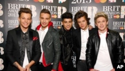One Direction seen backstage during the BRIT Awards 2013 at the o2 Arena, Feb. 20, 2013, in London.