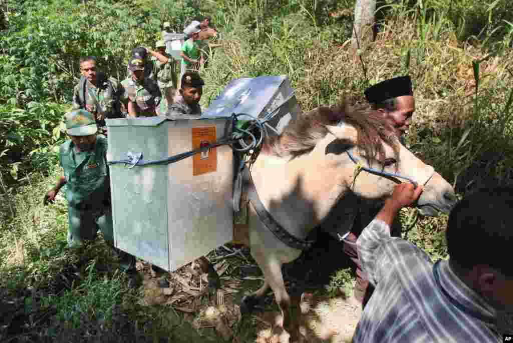 Nhân viên bầu cử, được cảnh sát và binh lính hộ tống, sử dụng ngựa để vận chuyển những thùng phiếu đến các trạm bỏ phiếu ở những khu vực hẻo lánh ở Tlogosari, Đông Java, Indonesia. Nền dân chủ lớn thứ ba trên thế giới chuẩn bị bầu tổng thống mới vào ngày 9 tháng 7.