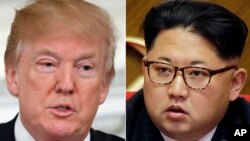 Presiden AS Donald Trump (kiri) dan pemimpin Korut, Kim Jong Un. 