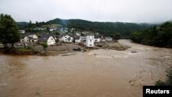 FILE - A general view of the Ahr river and flood-affected area, following heavy rainfalls in Schuld, Germany, July 15, 2021