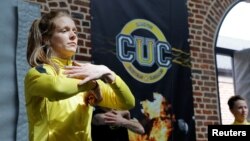 Student Marie Sergent is seen during a warm-up at France's Campus Univers Cascade (CUC), a training ground for stuntmen. (REUTERS/Pascal Rossignol)