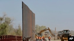 Sejumlah pekerja tampak mendirikan tembok di sepanjang area perbatasan AS-Meksiko di dekat Sungai Colorado di Yuma, Arizona, pada 10 September 2019. (Foto: AP/Matt York)