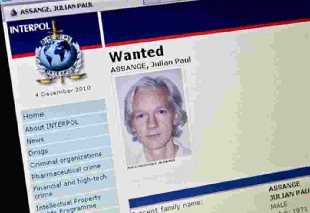 View of the Interpol "wanted" page for WikiLeaks founder Julian Assange taken in Washington, 3 Dec 2010
