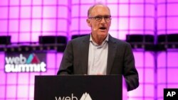 FILE - Tim Berners-Lee, known as the inventor of the World Wide Web, addresses the attendees during the opening of the Web Summit technology conference in Lisbon, Portugal, Nov. 5 2018. 