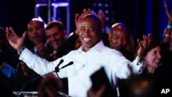 New York City Mayor-elect Eric Adams smiles at supporters, Nov. 2, 2021, in New York. 